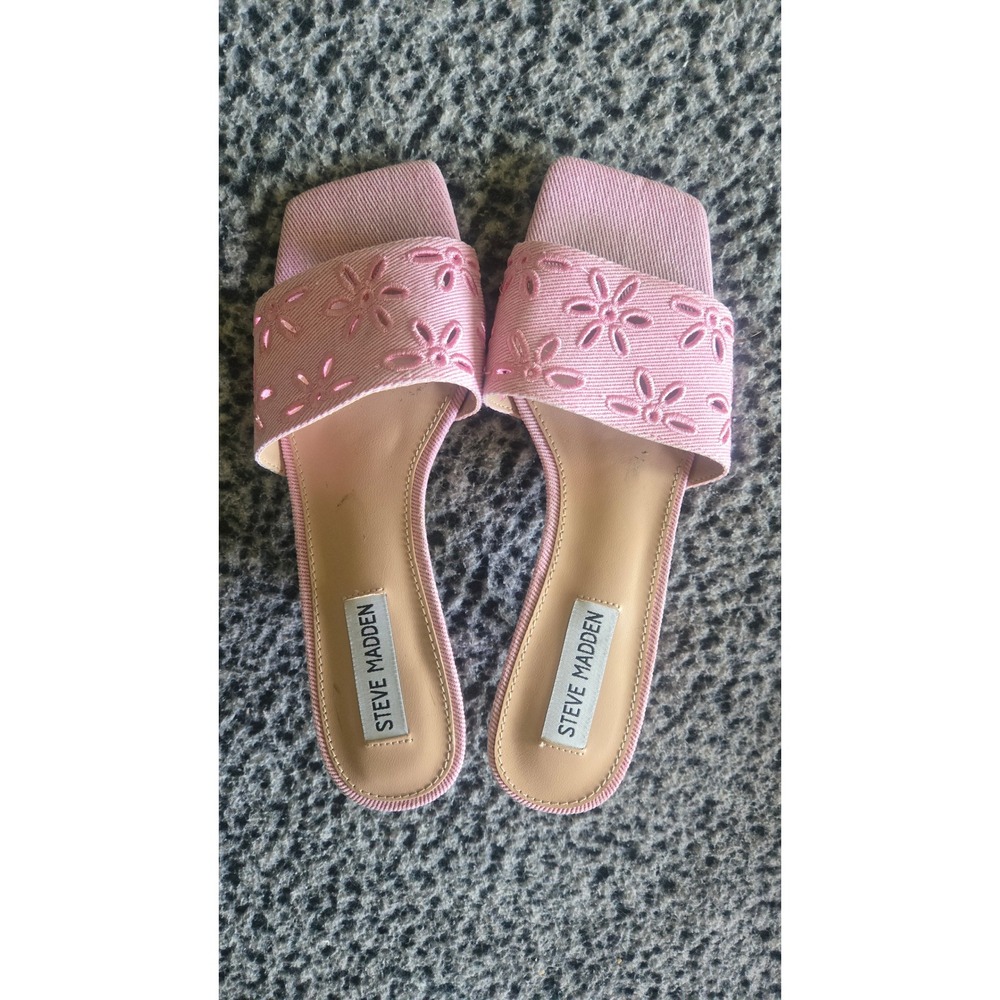 Steve Madden Pink Denim Floral Eyelet Kitten Heel Square Toe Slide Sandals 6.5M